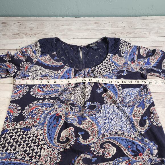 Lucky Brand Blue Paisley Crochet Lace Button Down Back Blouse Size XL - Picture 8 of 10